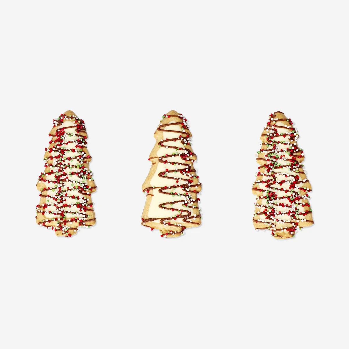 Christmas tree cookies with white chocolate and sprinkles