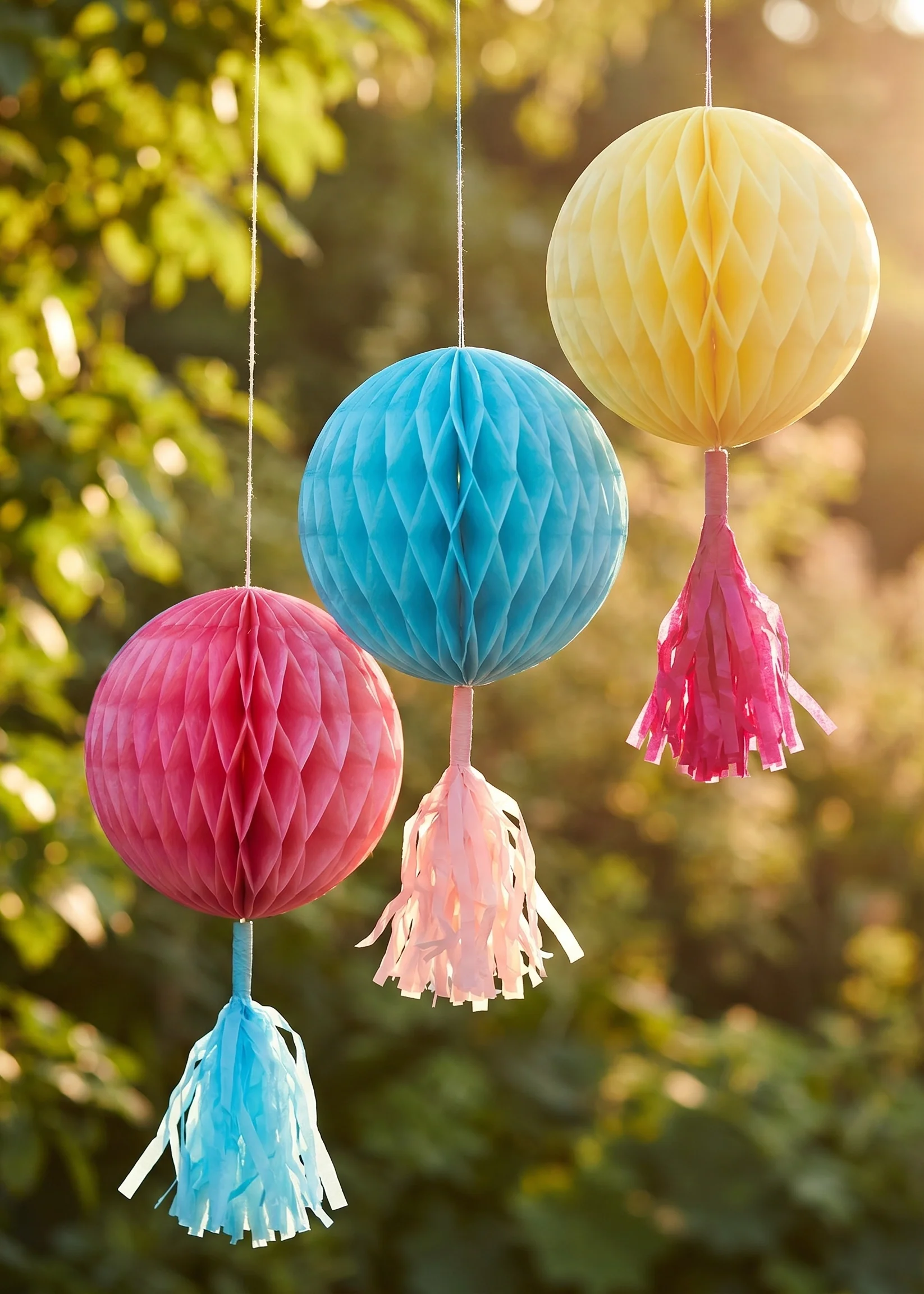 Colourful paper pom poms for hanging - 3 pcs