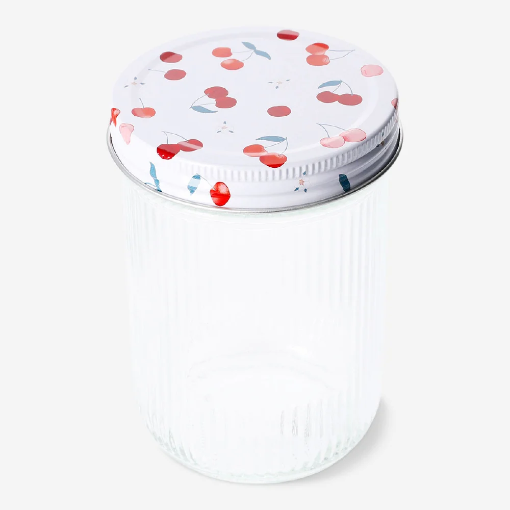 Glass storage jar with cherry print lid - 16 cm
