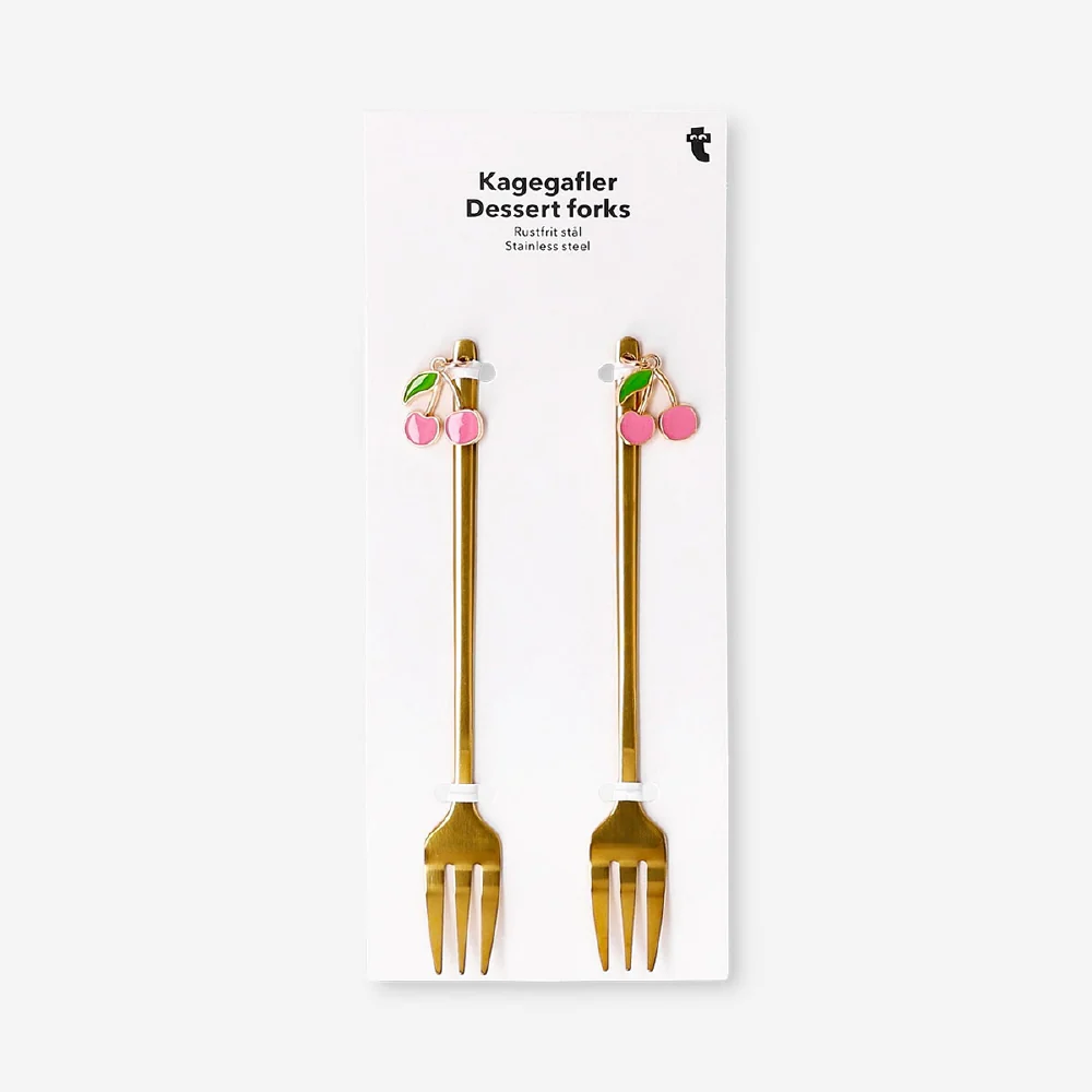 Gold dessert forks with cherry decorations - 2 pcs